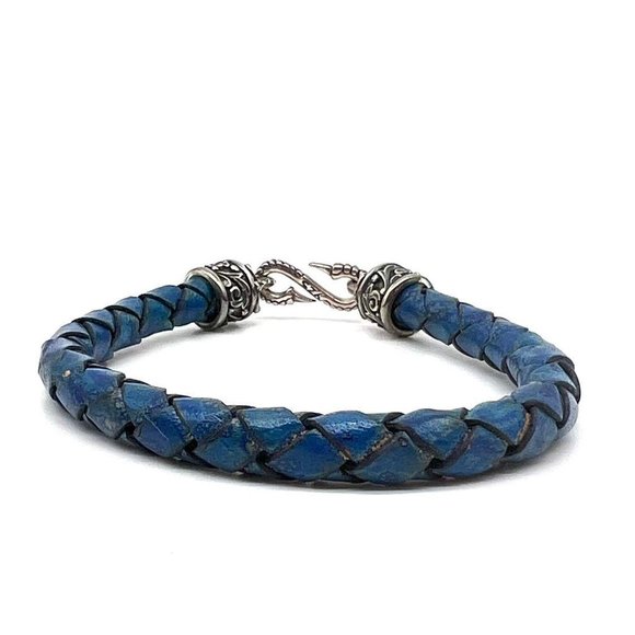Rockertype braided leather Bracelet with Silver Clasp Blue - Picture 1 of 3